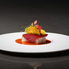 Kunstvoll angerichtetes Fischgericht mit roter Knusperschicht, gelber Garnitur und Sauce auf weißem Teller.